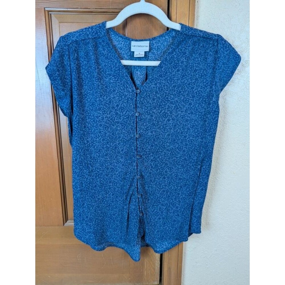 Liz Claiborne Blue Cap Sleeve V-Neck Blouse Top Women's Size M